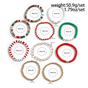 Detailed view of 9-piece Christmas clay bead bracelet set with Merry and Joy letter beads