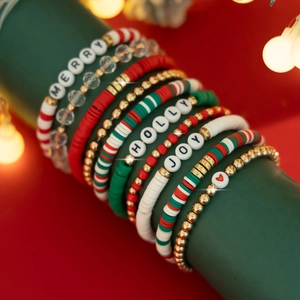 Christmas multilayer beaded bracelet set with snowflake clay and Merry Holly Joy letters