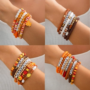 Bohemian Polymer Clay Heishi Bead Bracelet Set For Women Thanksgiving Alphabet Letter Pumpkin Maple Leaf Fall Jewelry