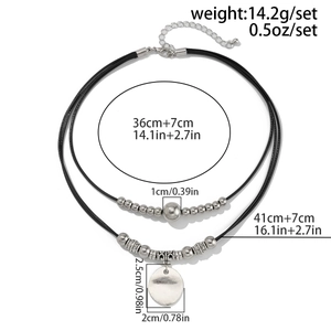 Detailed size chart of bohemian layered choker featuring silver beads and dimensions