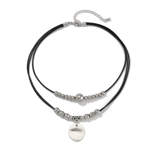 Double-layered bohemian necklace with round pendant and vintage metallic beads