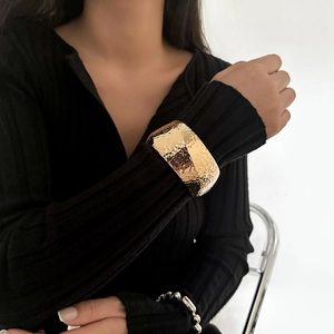 Fashion wide hammered gold cuff bracelet for women with elegant textured metal finish