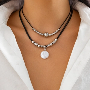 Double-layer bohemian necklace with silver beads and baroque pearl pendant on black cord