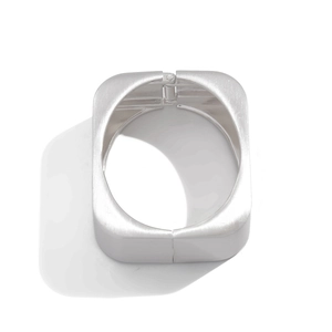 Silver wide square geometric cuff bracelet with hinged closure and brushed metal finish