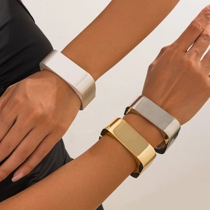 Minimalist wide geometric metal bangles in gold and silver mirror finish for women