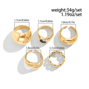Vue détaillée du lot de 5 bagues dorées avec poids et dimensions du diamètre