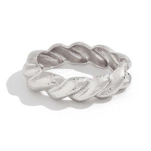 Minimalist irregular twisted silver metal bracelet with hammered industrial texture design