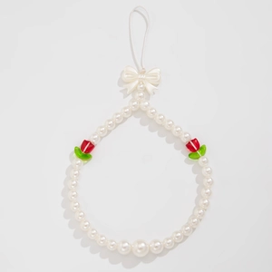 Sweet Imitation Artificial Pearl Phone Chain With Acrylic Tulip Flower Bow Pendant Cute Handmade Bag Charm For Women Gift Accessories