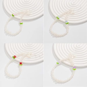 Cute Beaded Phone Charm Acrylic Tulip Bowknot Lanyard Imitation Artificial Pearl Bag Charm For Women Girls Sweet Gift Phone Accessory