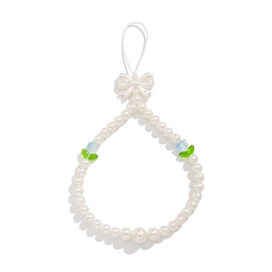 Cute tulip flower phone charm with white pearls and a sweet bow on white background