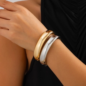 Polished minimalist gold and silver thick metal cuff bracelets set for women