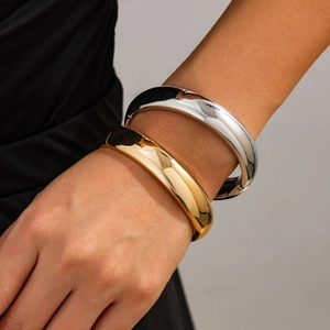 Minimalist gold and silver polished wide metal bangle set for women in geometric style