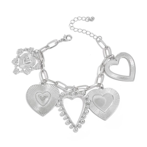 Detail of silver link chain necklace with various textured and hollow heart-shaped charms