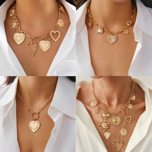 Retro Alloy Heart Pendant Necklace For Women Iron Chain Metallic Clavicle Chain Multilayer Bohemian Fashion Jewelry Clavicle Chain Necklace