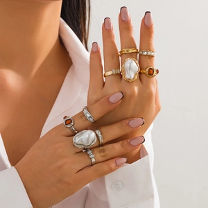 Lava liquid flower open rings set with baroque pearls and amber gemstones for women