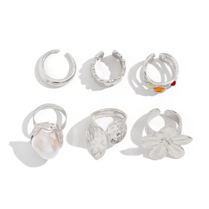 6-piece silver ring set with Baroque pearls, colorful gemstones, and floral designs