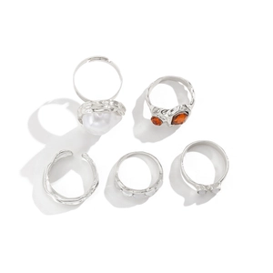 Detailed set of 5 vintage silver rings featuring baroque pearls and red gemstones