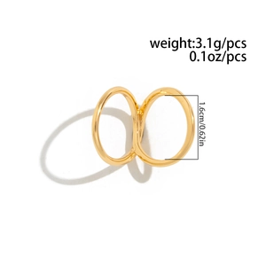 Detail shot of hollow geometric gold ring showing dimensions 1.6cm and weight 3.1g