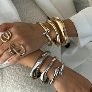 Minimalist Irregular Zinc Alloy Spring Bracelet Ring Set For Women Gold Silver Electroplated Smooth Polished Fashion Jewelry