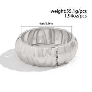 Matte silver wavy wide open bangle bracelet with measurements and 55.1g weight display
