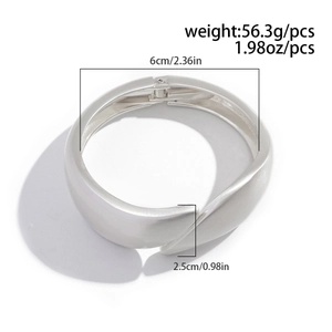 Detail showing dimensions of matte silver waterdrop cuff bracelet with spring hinge