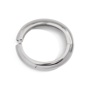 Detailed close-up of polished silver liquid metal bracelet with hinge and clasp mechanism