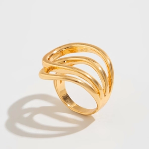 Detailed close-up of a gold multi-layer wave ring with high-polish finish on white background