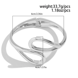 Polished silver metal teardrop open cuff bracelet with cross curve design and hinge clasp