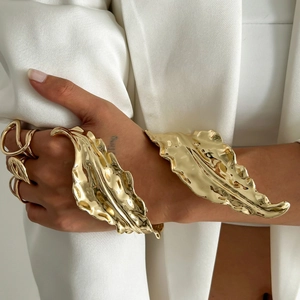 Golden liquid leaf wrap cuff bracelet and ring set with hammered metal texture