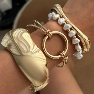 Minimalist Alloy Geometric Bangle And Ring Irregular Line Smooth Elastic Hand Cuff Fashion Women Jewelry Accessory