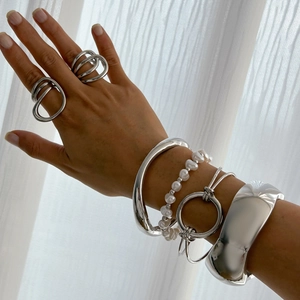 Silver minimalist geometric alloy bracelet set with irregular smooth metal bangles and pearls