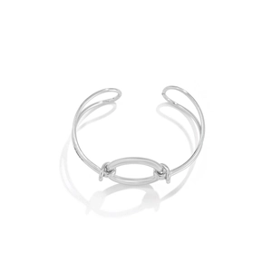 Minimalist silver geometric bangle set with double line metal wires and oval center loop