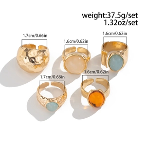 Detailed view of five-piece gold ring set with colorful stones and 37.5g weight info