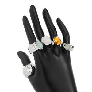 Detailed view of 5-piece vintage bohemian alloy rings with acrylic stone inlays