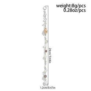 Vue détaillée du bijou de tête en nacre et perles avec annotations de dimensions