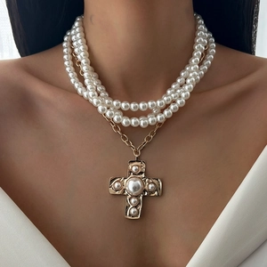 Vintage Multi-Layer Imitation Artificial Pearl Cross Pendant Necklace Alloy Iron Chain Baroque Elegant Clavicle Chain For Women