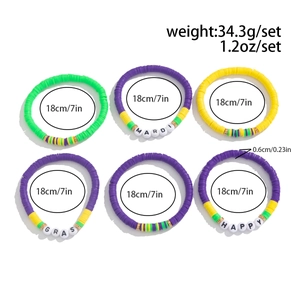 Close-up of 6-piece Mardi Gras clay bead bracelets with HAPPY letters and purple hues