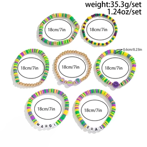 Detail view of Mardi Gras bracelet set with beads and weight measurements included