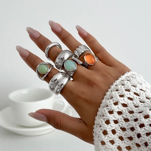 Ins style stackable acrylic ring set in silver finish with colorful gemstone accents
