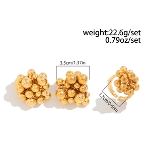 Detail view of gold bead earring and ring set with dimensions and weight specs