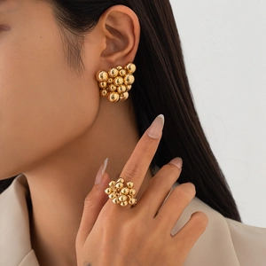 Fashionable golden CCB beaded earring and ring set with a clustered sphere design