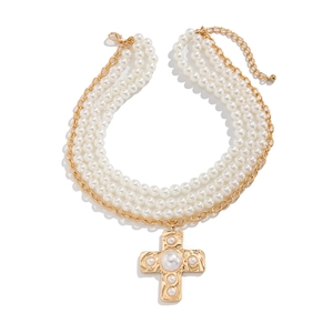 Multilayer faux pearl necklace with a vintage textured gold cross pendant and micro-inlays