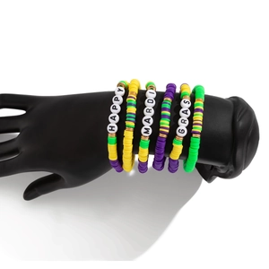 Detail of five Mardi Gras heishi bead bracelets with HAPPY MARDI GRAS letter charms