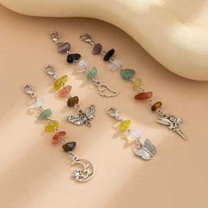 Detailed set of five vintage lobster clasp charms with colorful natural stones and wings