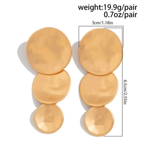 Matte gold triple tier geometric earrings with 6.5cm height and 19.9g weight data