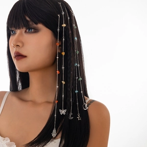 Detailed Bohemian silver hair chain with colorful stones and butterfly star charms