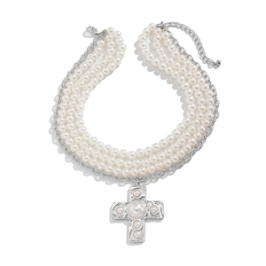 Elegant multi-layer pearl necklace with silver cross pendant and tiered metal chains