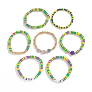 Seven-piece Mardi Gras bracelet set with purple green and gold heishi beads and 2024 charm