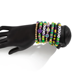 Detail of Mardi Gras beaded bracelet set with purple green and gold Heishi beads