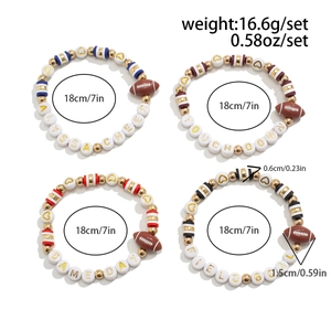 Detail showing 4-piece football bead bracelets with letter charms and acrylic beads
